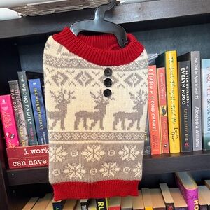 Red Trim Beige Nordic Reindeer Dog Sweater